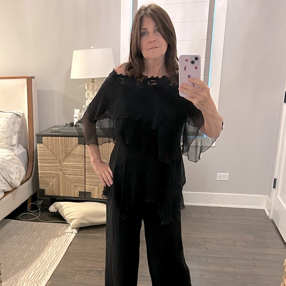 Silk flowy pants and off the shoulder top